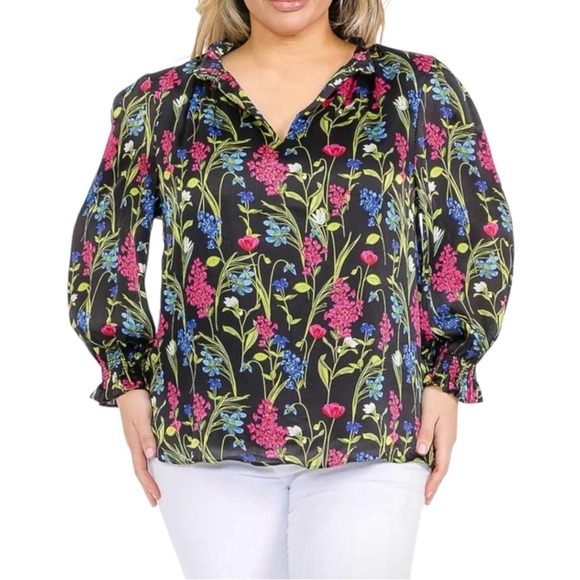 Plus Size, Sugarlips Pink and Green Ruffled Puff Sleeve Blouse, Size 2X - Picture 1 of 9